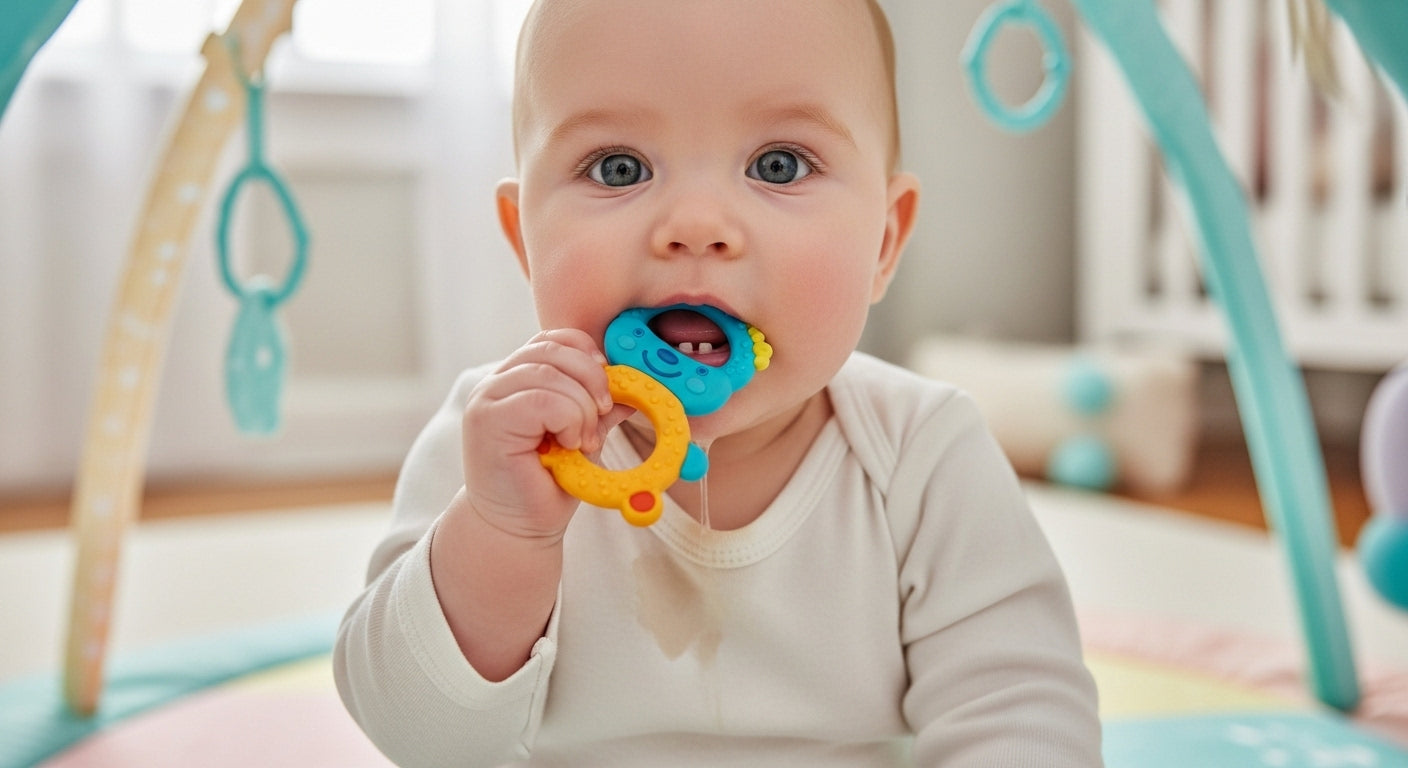 baby teething with toys