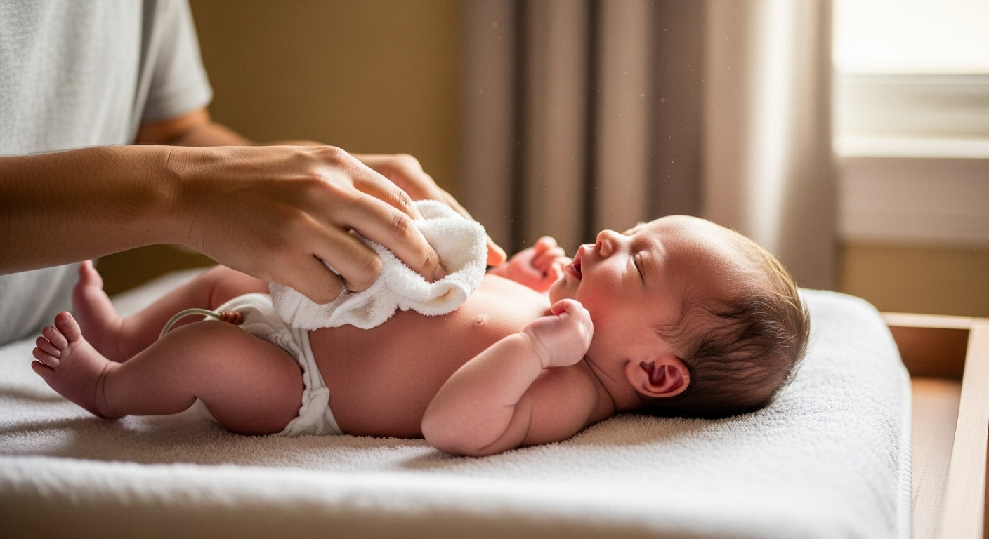 Parent gently giving a newborn a sponge bath on a soft towel at home, baby lying calmly while being cleaned with a warm washcloth.