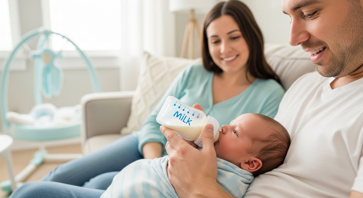 A 3-week-old baby being bottle-fed by the father while the mother rests nearby