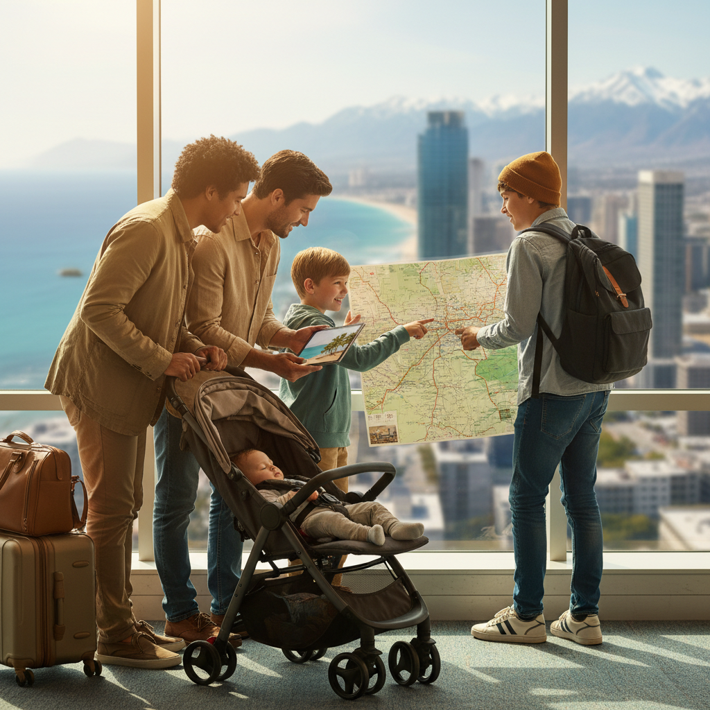 Family with a baby, young child, and teen planning a trip together at an airport