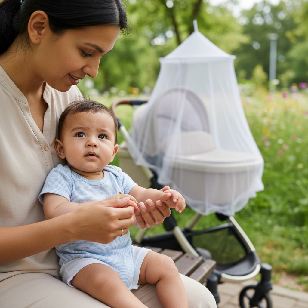 Parent checking a baby mosquito bite on an infant's arm outdoors