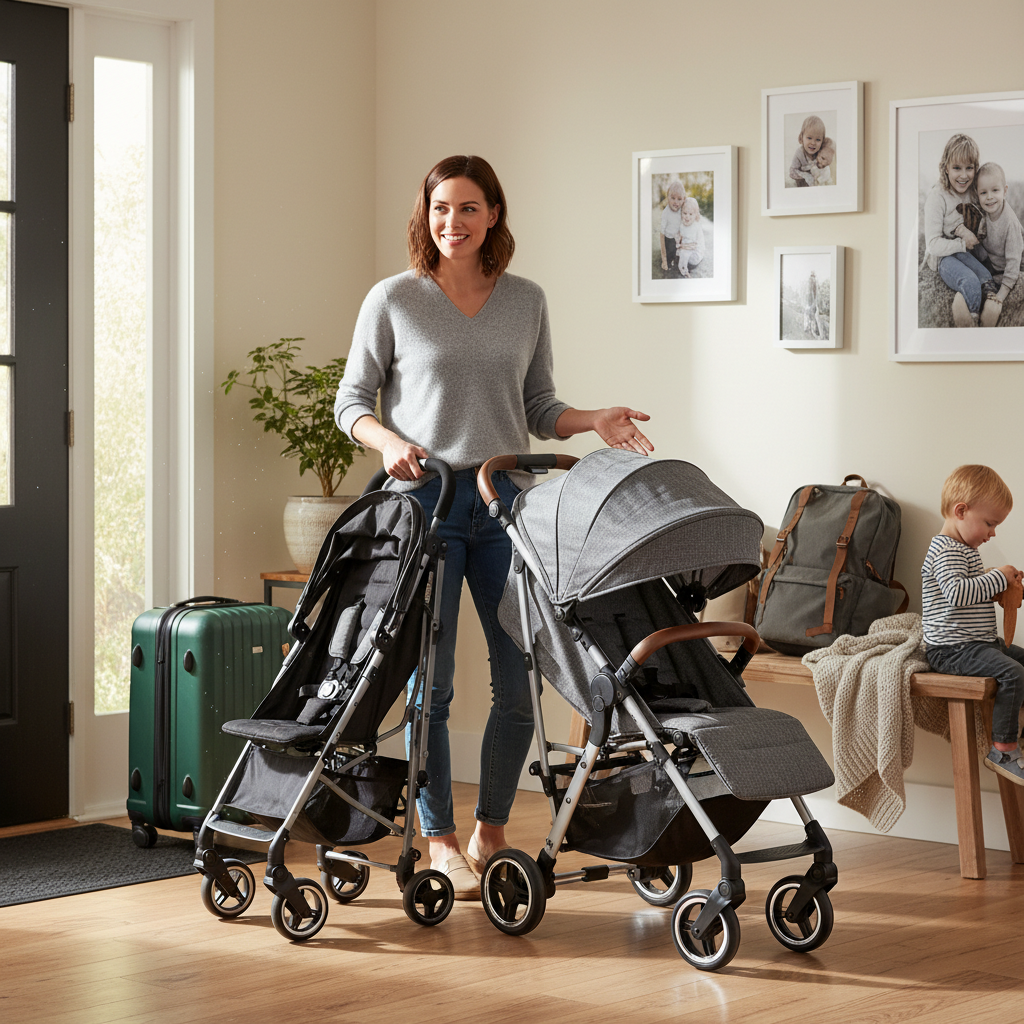 Parent comparing budget and premium foldable strollers at home