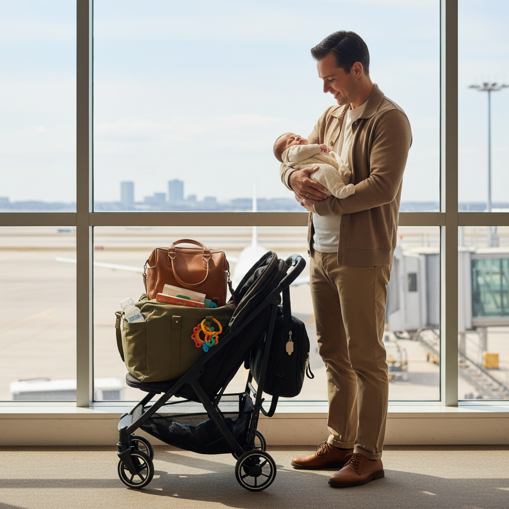 Parent preparing for a baby's first flight at an airport gate