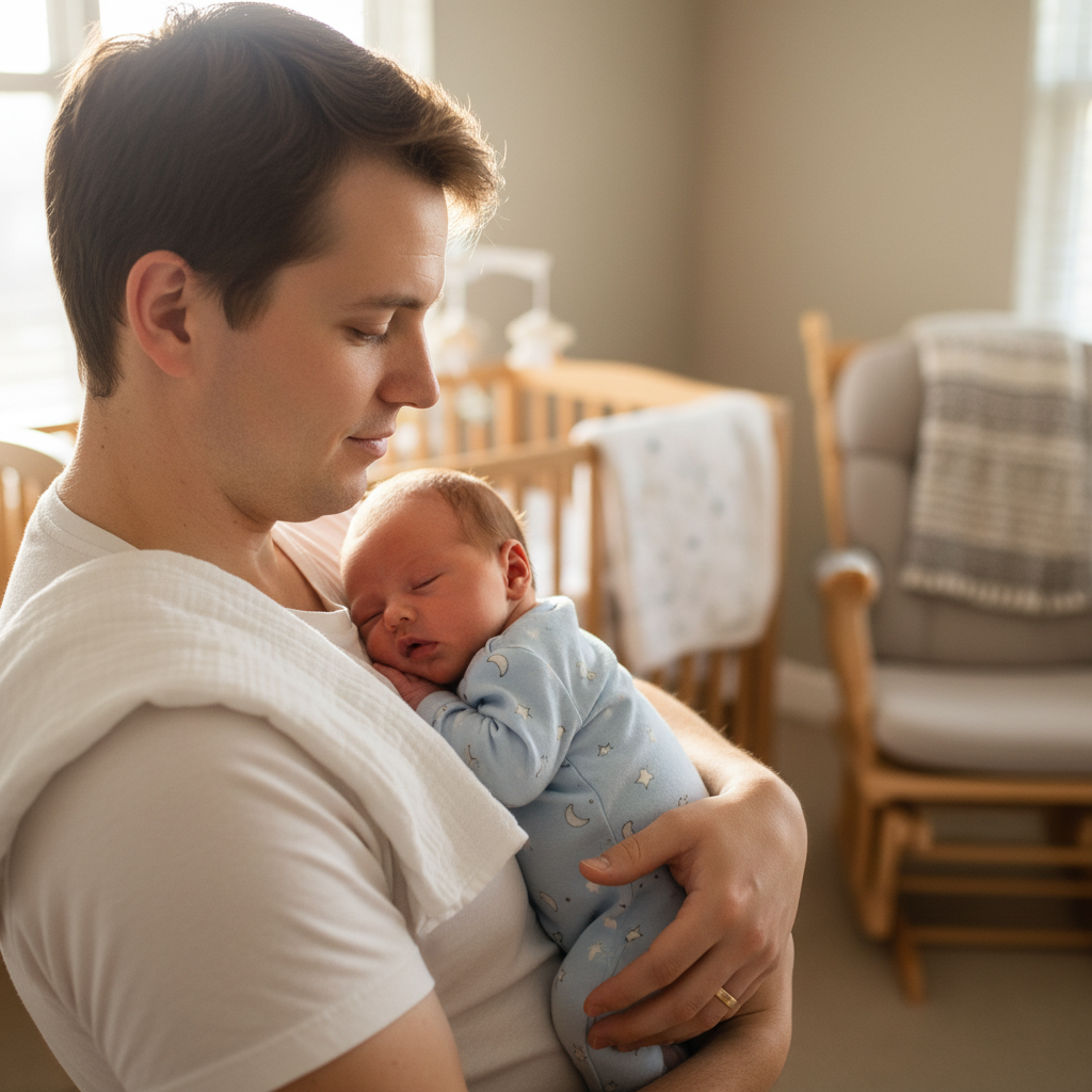 Parent holding a newborn upright after feeding in a calm nursery setting