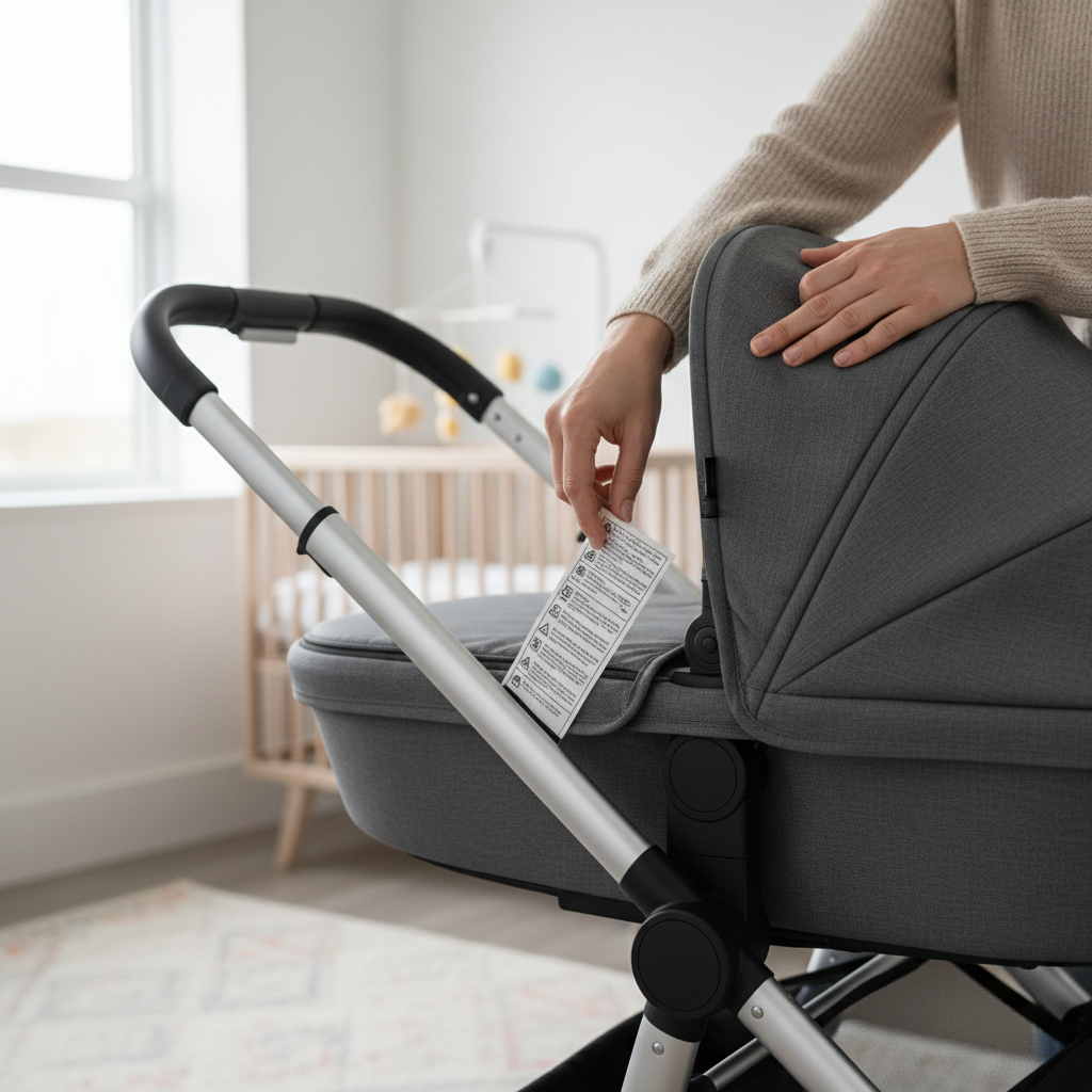 Parent checking baby stroller safety certification label