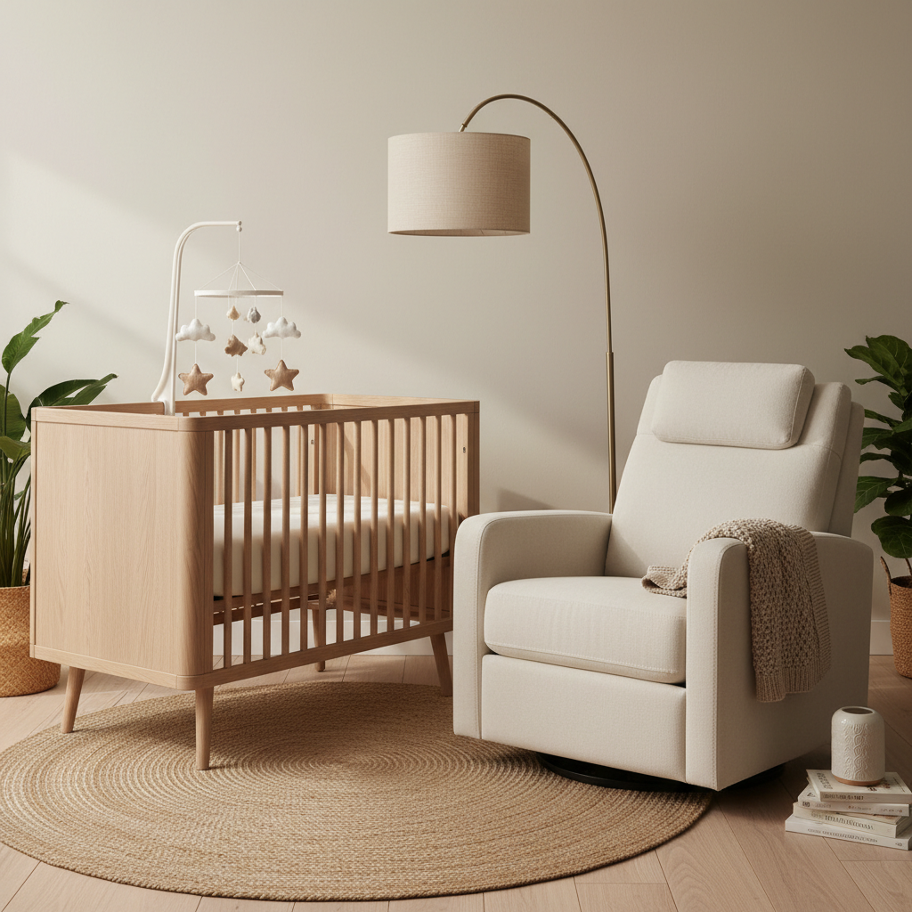 Comfortable nursing chair beside a crib in a softly lit nursery