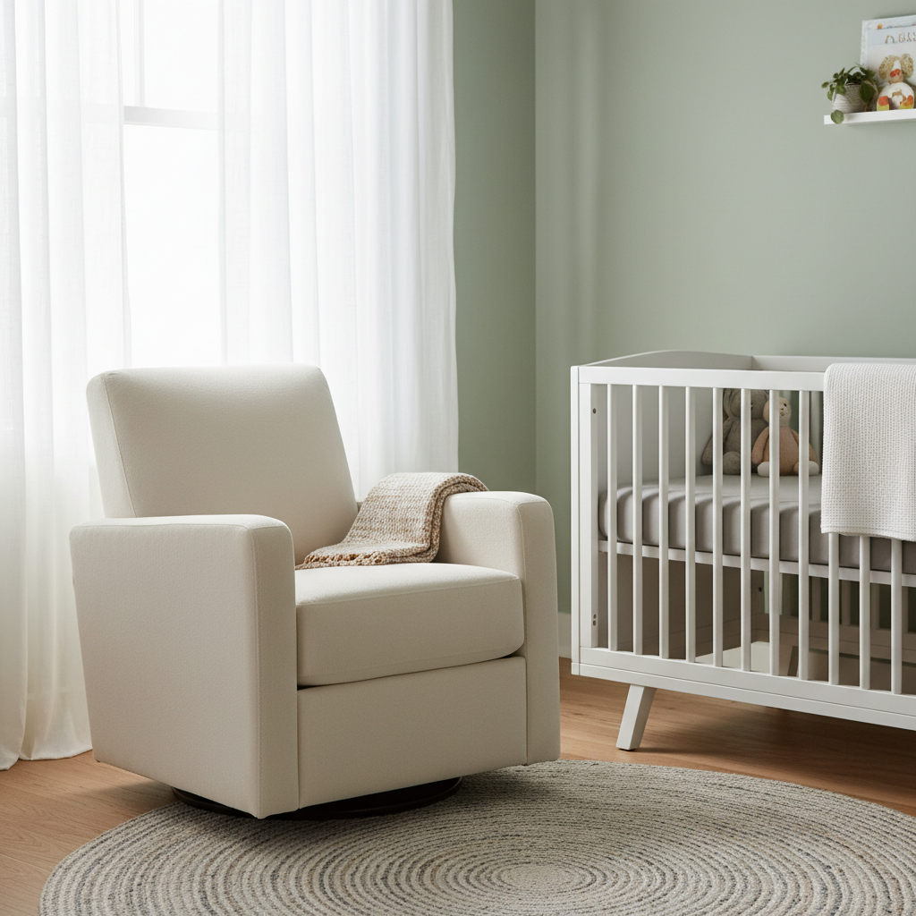 Modern nursery with a cream upholstered locking glider chair beside a white crib in soft morning light