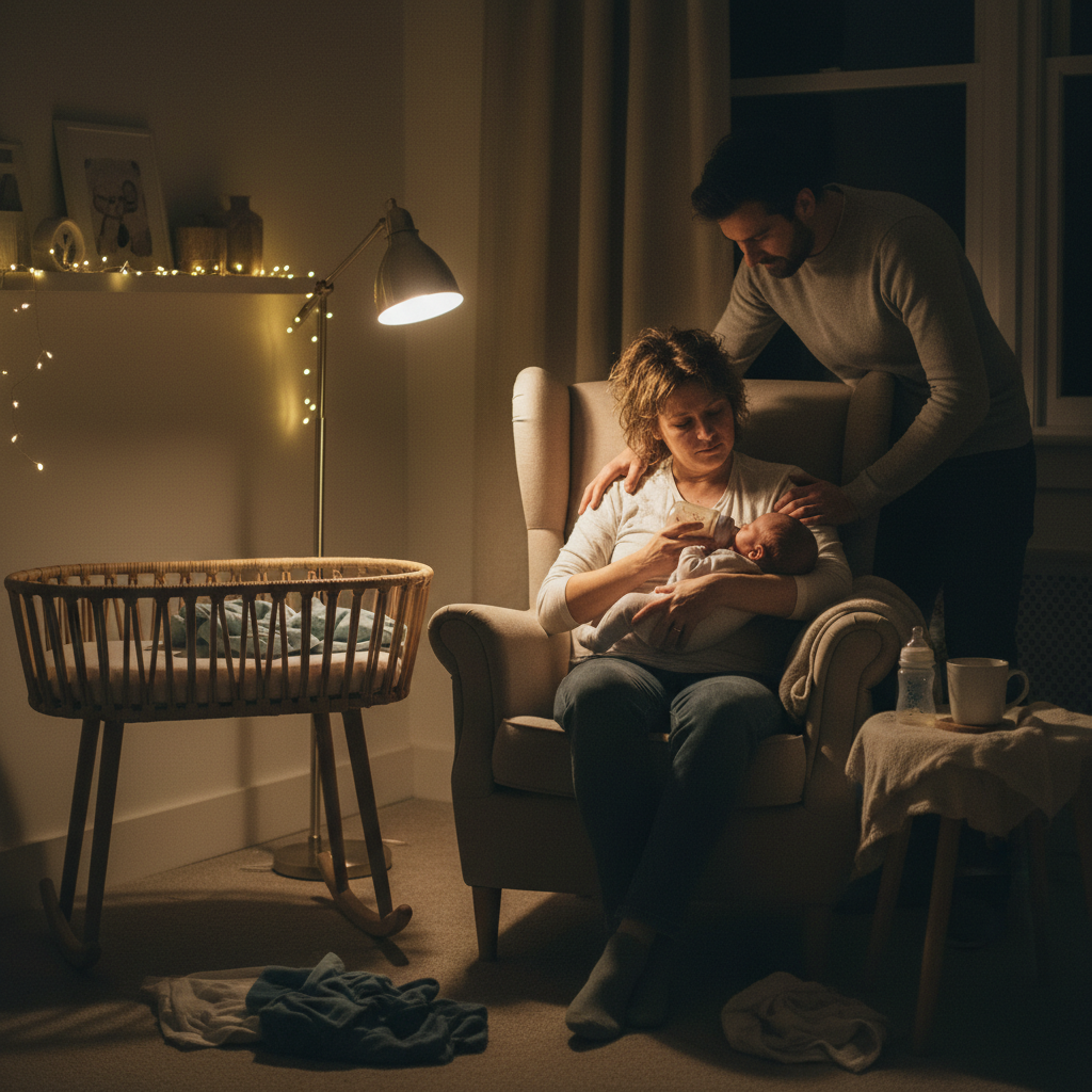Exhausted new parents caring for a newborn during a nighttime wake-up beside a bassinet.
