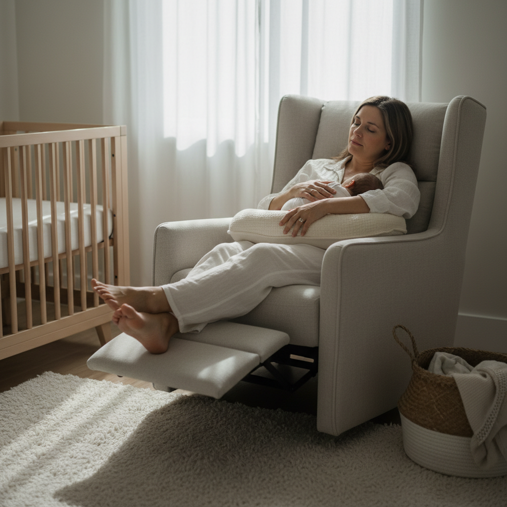 Mother reclining in a nursing chair with built-in footrest while cradling her newborn during a quiet morning feed