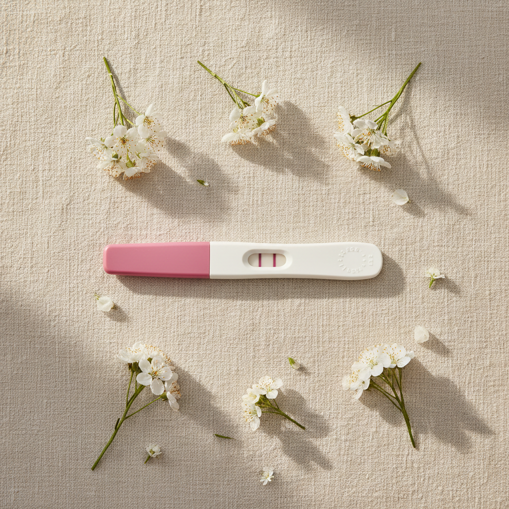 Home pregnancy test stick on cream linen with small white flowers in soft morning light