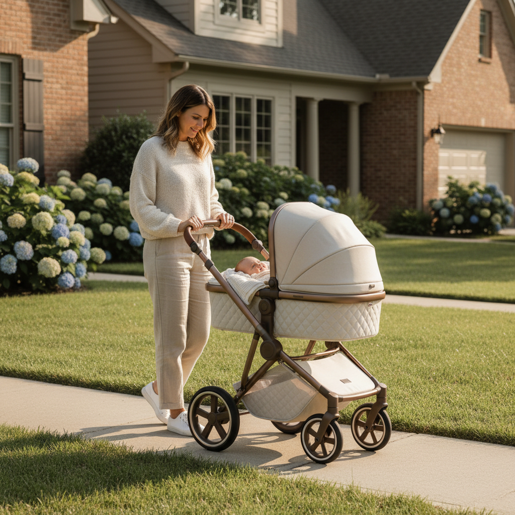 Parent walking with a lightweight bassinet stroller and newborn outdoors