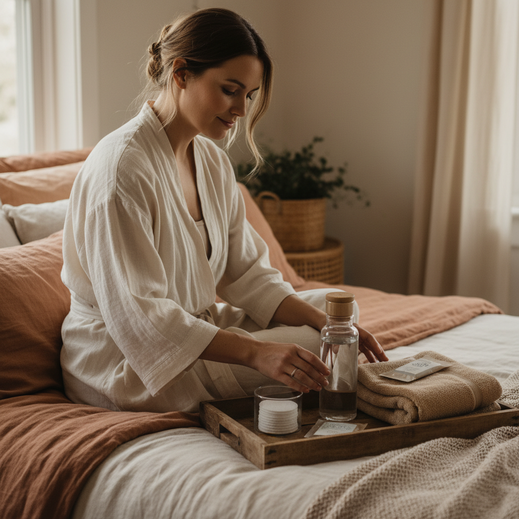 New mother preparing alcohol-free witch hazel pads as part of postpartum recovery care