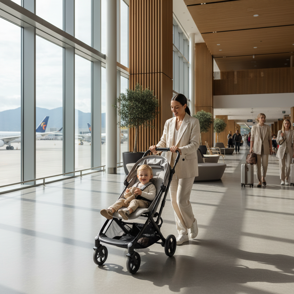 Parent using the Mamazing Ultra Air X lightweight stroller in a travel setting