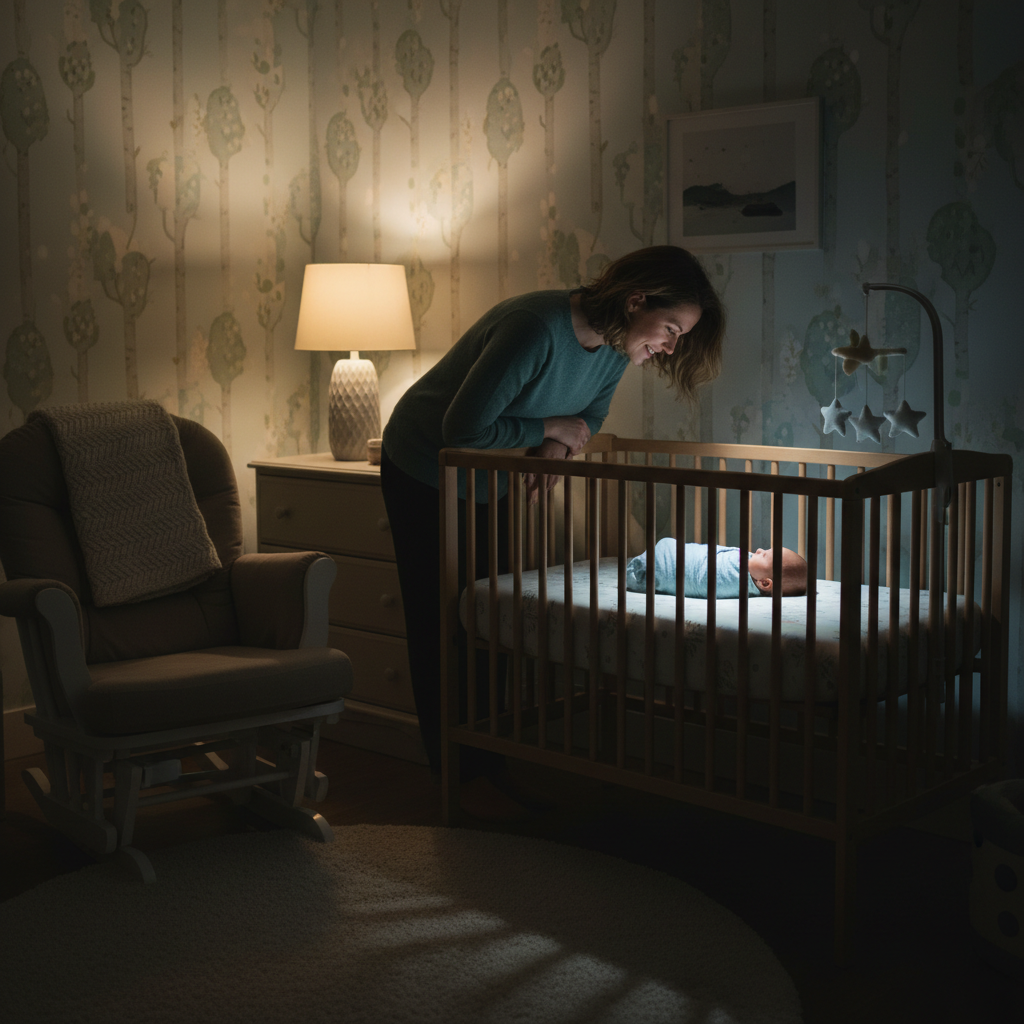 Parent checking a sleeping baby's breathing in a calm nursery at night