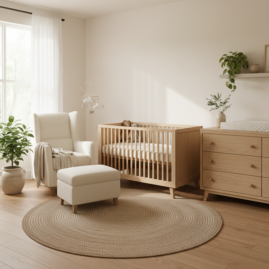 Natural wood nursery with crib, dresser, and chair for a non-toxic nursery furniture guide