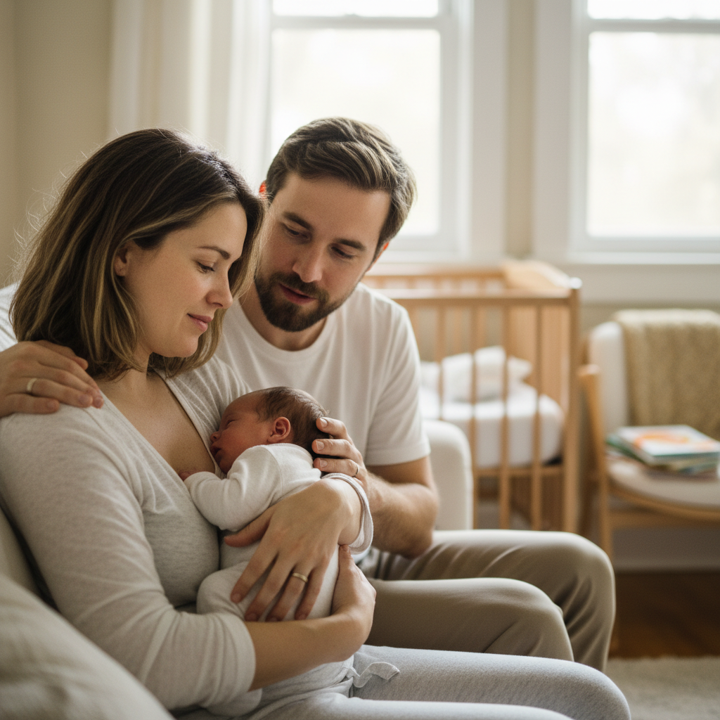 Postpartum mother holding her baby while receiving calm support at home