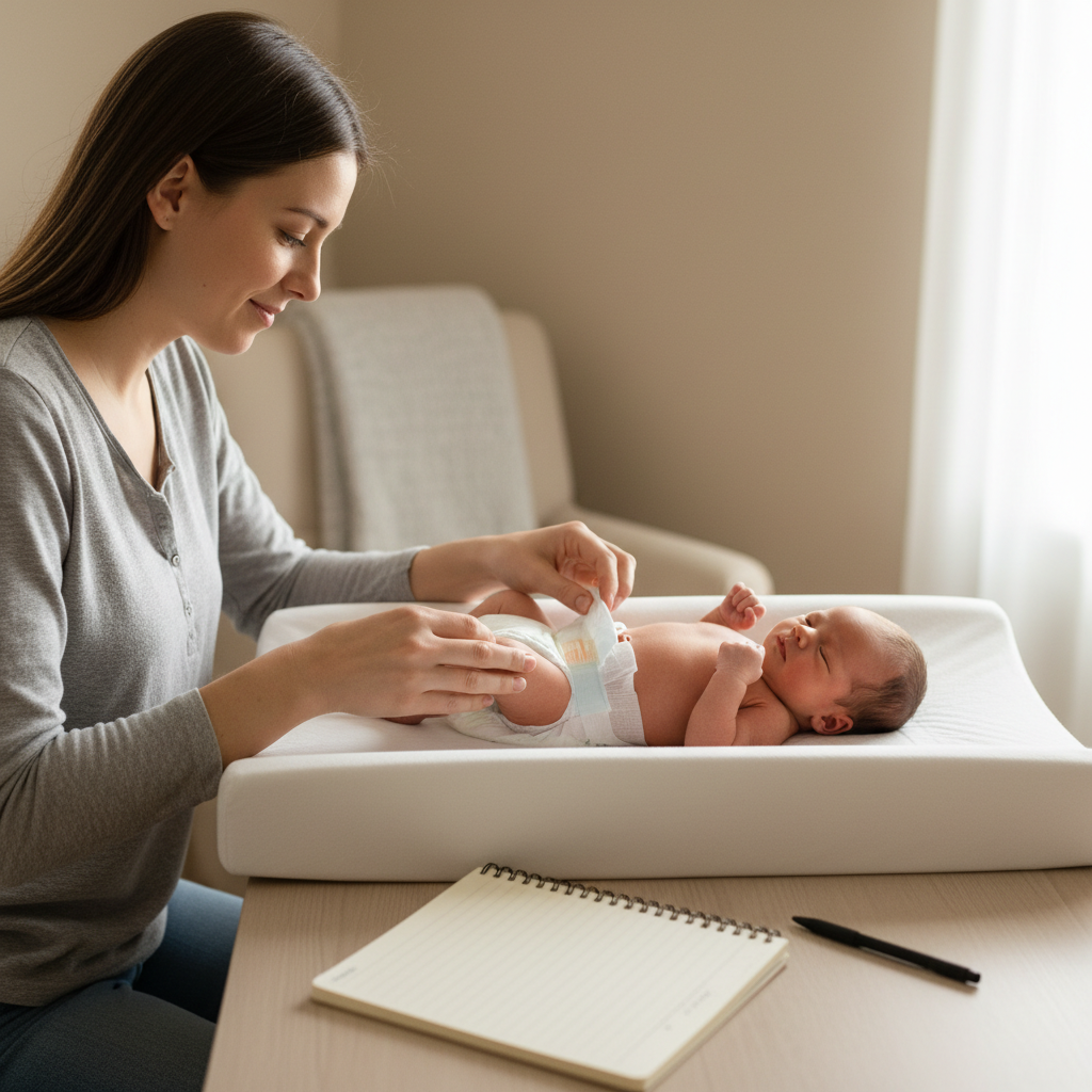 Parent checking a newborn diaper and tracking feeding and wet diapers to monitor possible diarrhea