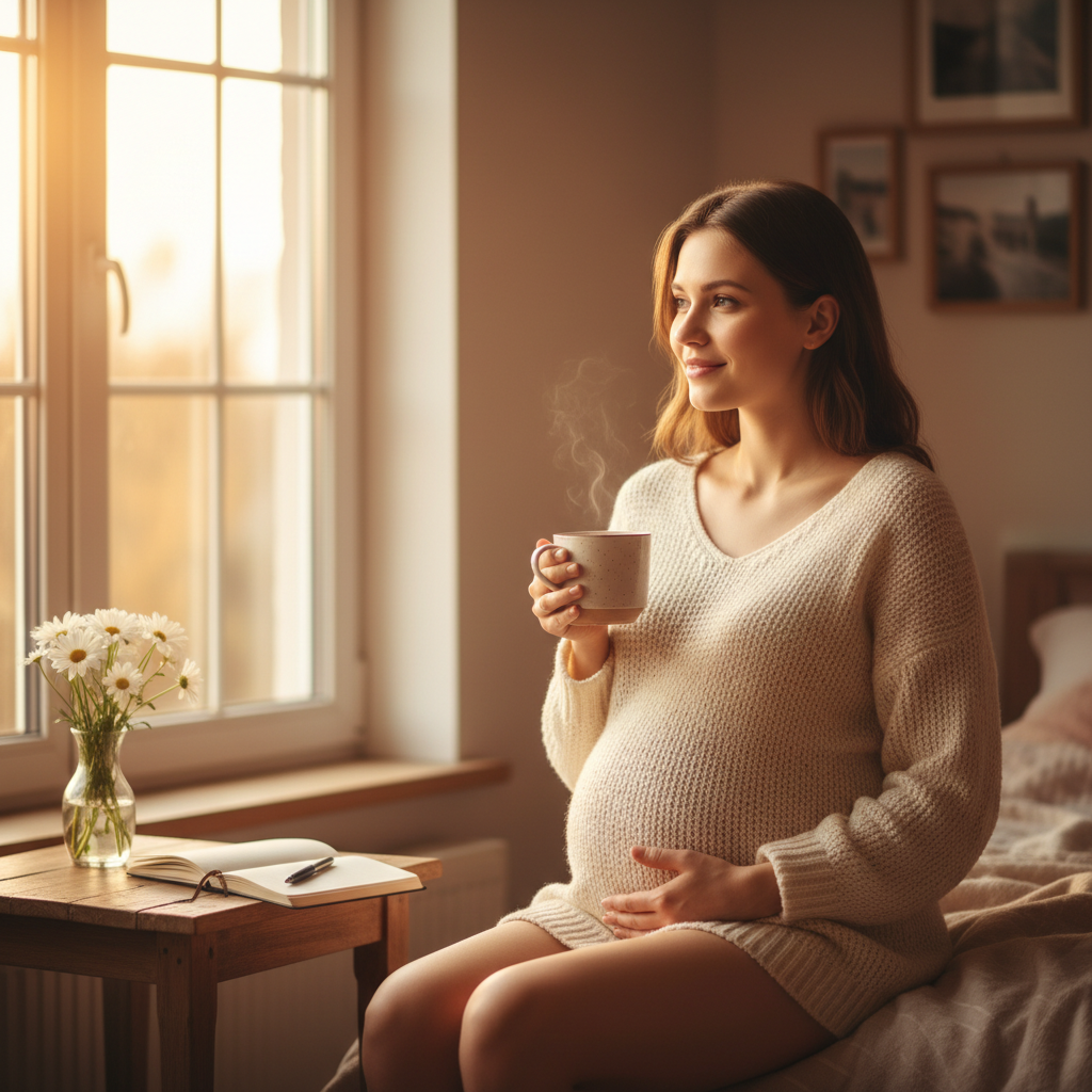 Expectant mother in soft sweater journaling by a sunlit window during her first week of pregnancy
