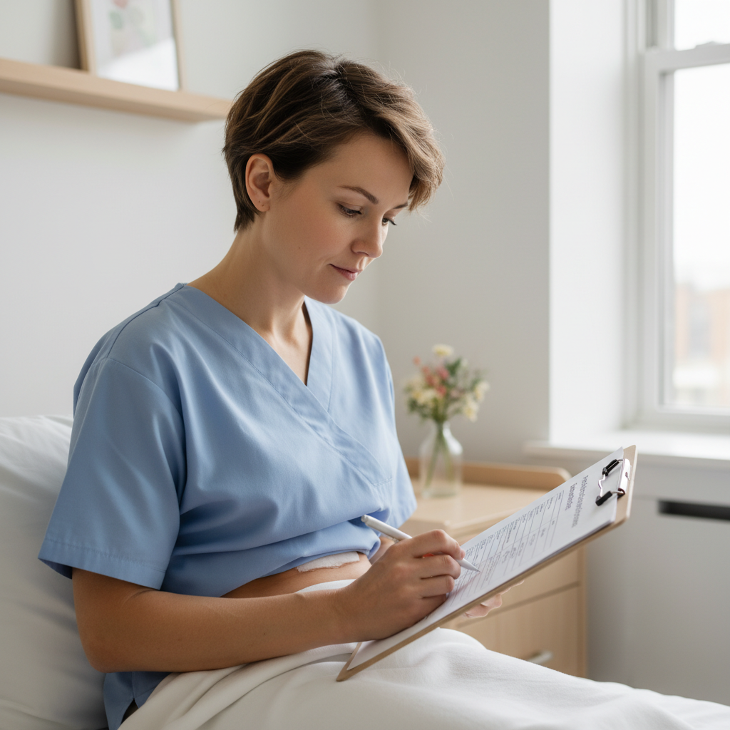 Mother checking painful urination symptoms 1-2 weeks after C-section