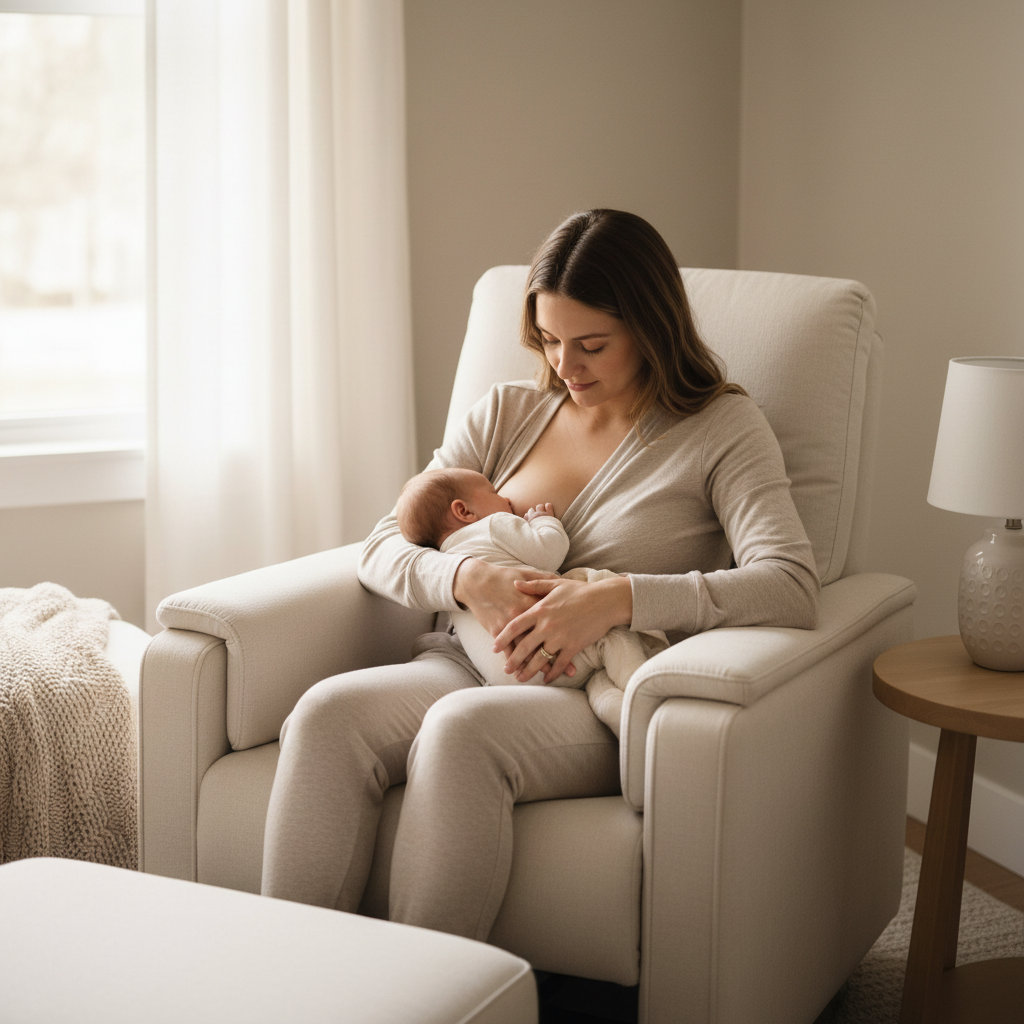 New mother nursing her baby in a supportive ergonomic nursing chair with padded adjustable armrests