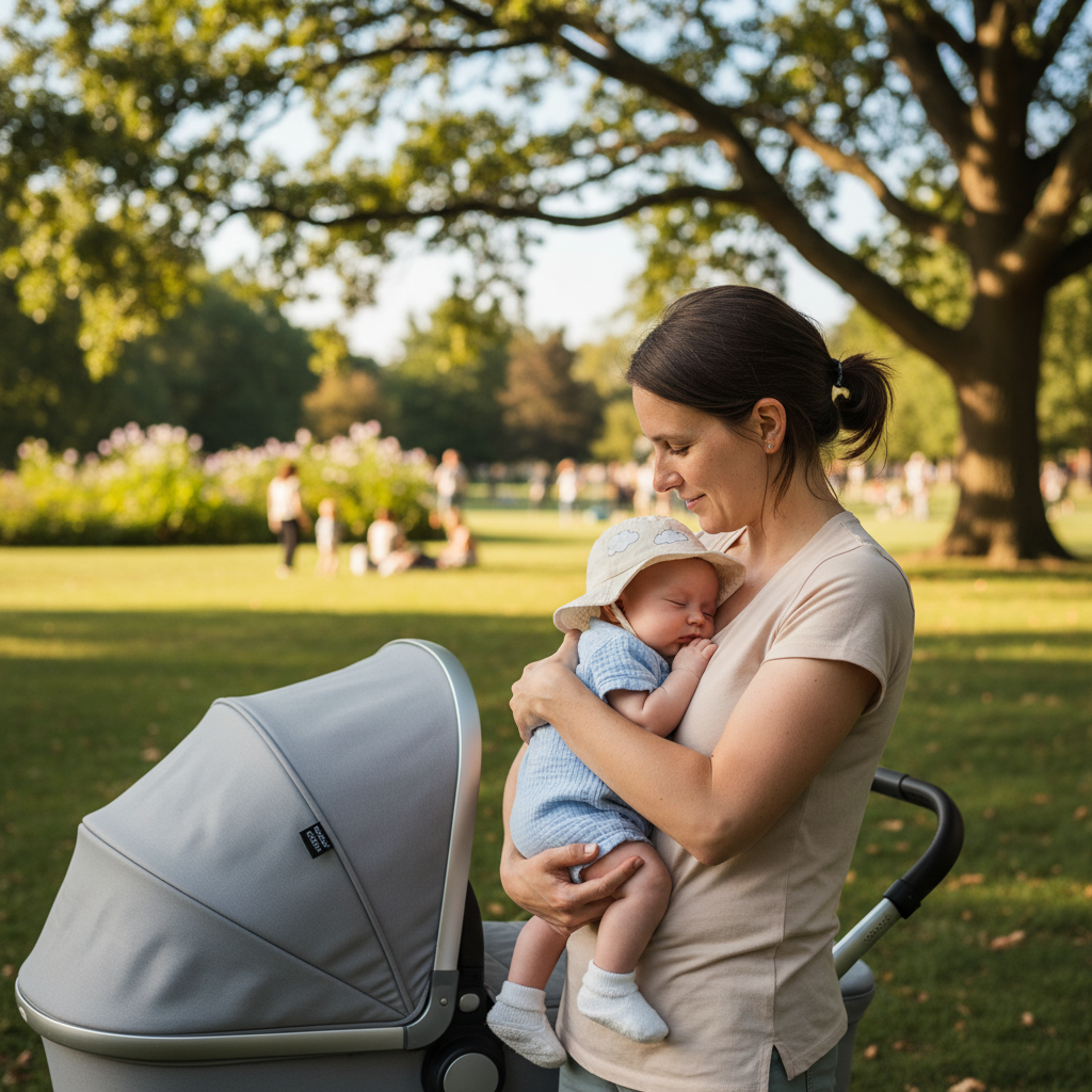 Caregiver holding a young baby in the shade with a stroller canopy and sun hat for sun protection