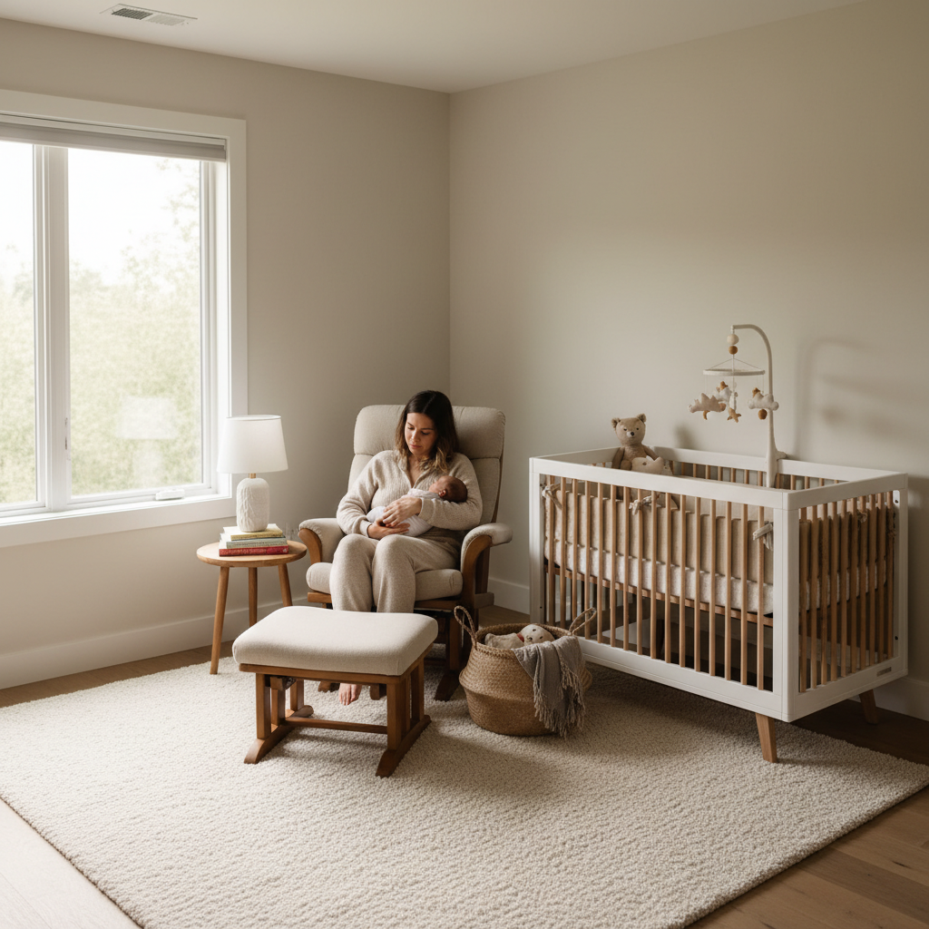 Parent seated in a supportive nursery glider recliner in a bright modern nursery