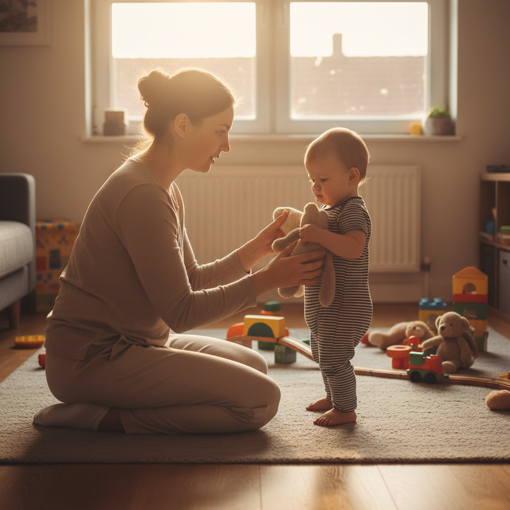 Parent calmly redirecting a toddler during a biting moment at home