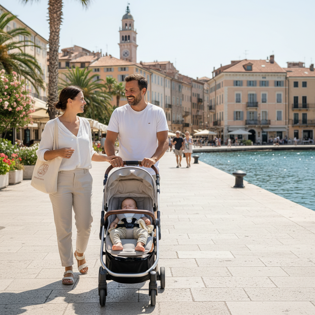 Parents pushing a compact stroller through a stroller-friendly European city promenade