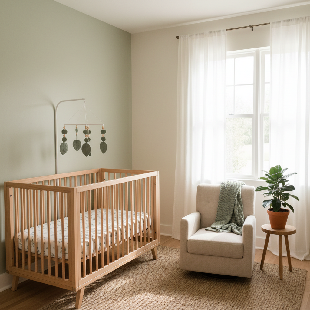Small nursery layout featuring a compact glider chair in the corner with soft morning light