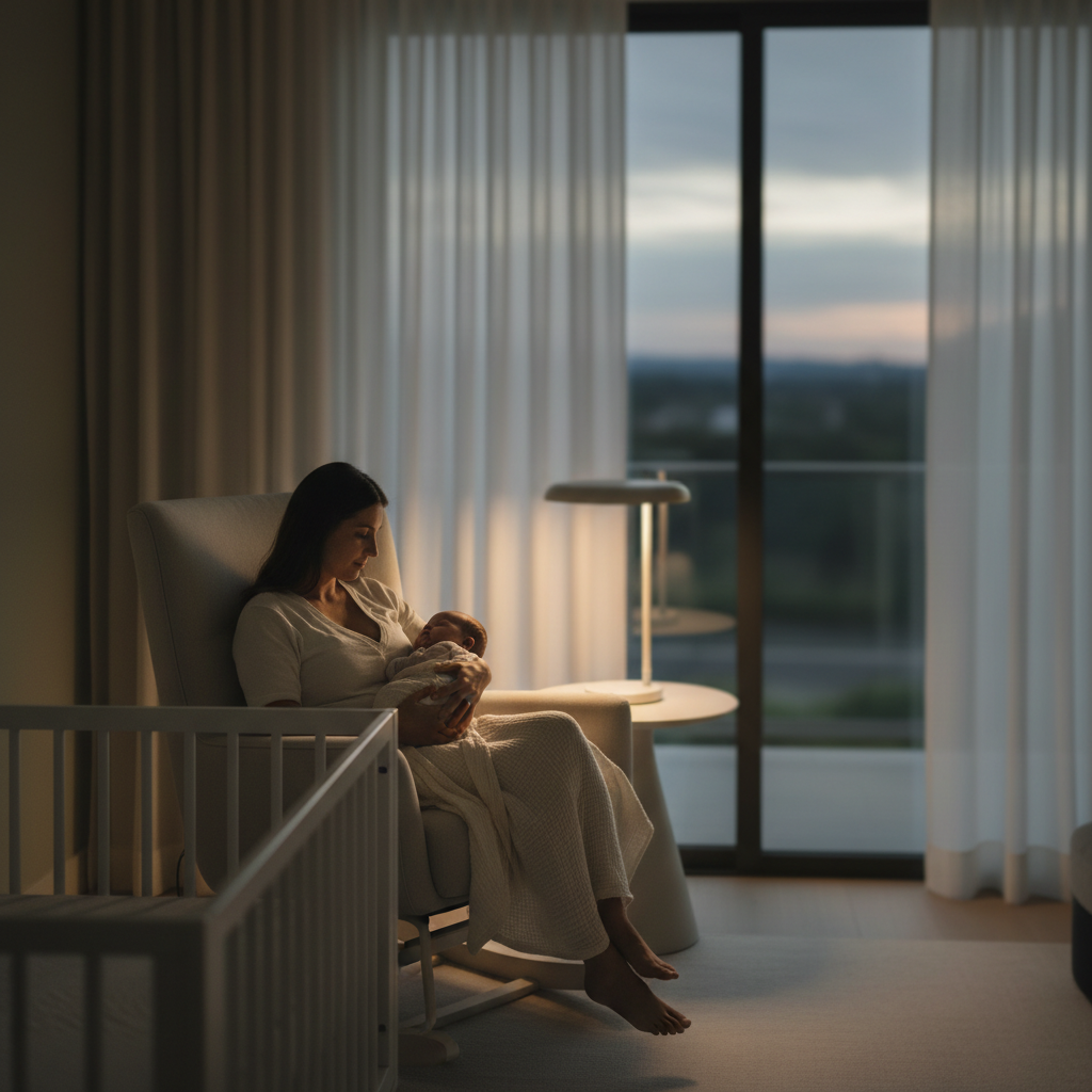 Parent rocking sleeping baby in a quiet nursery glider rocker at night