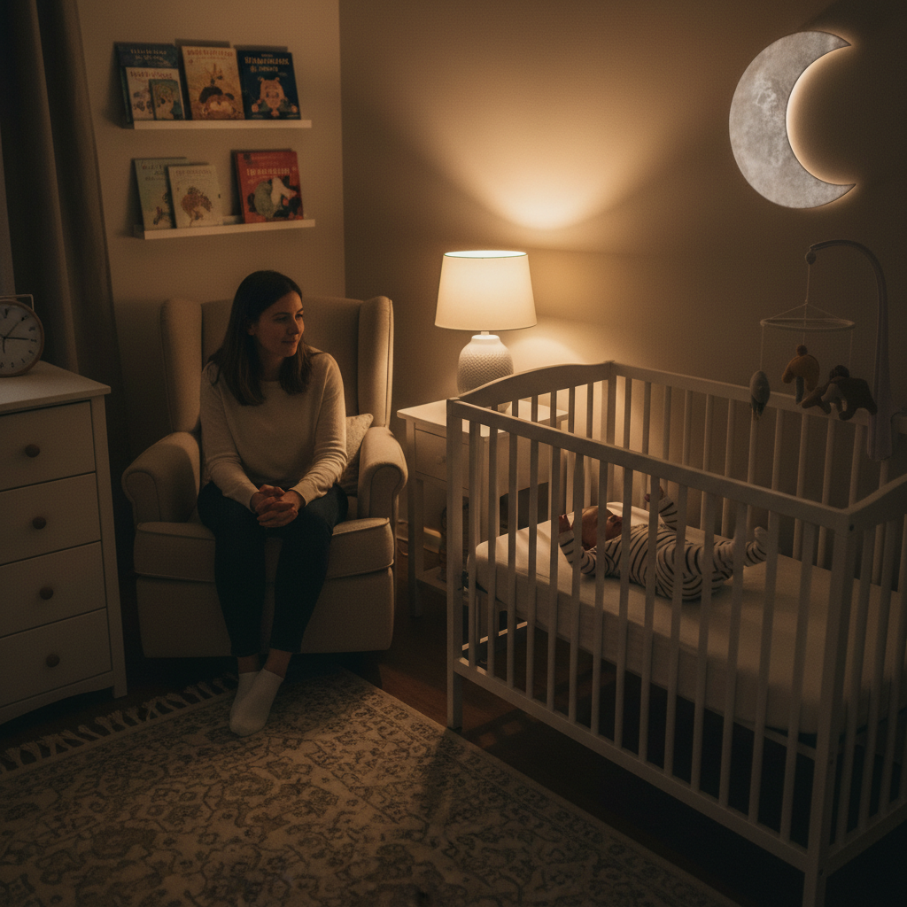 Baby kicking gently in a crib at night while a parent watches nearby