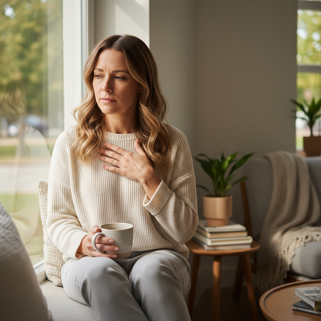 Woman noticing a tingling sensation in her breast while seated in soft daylight