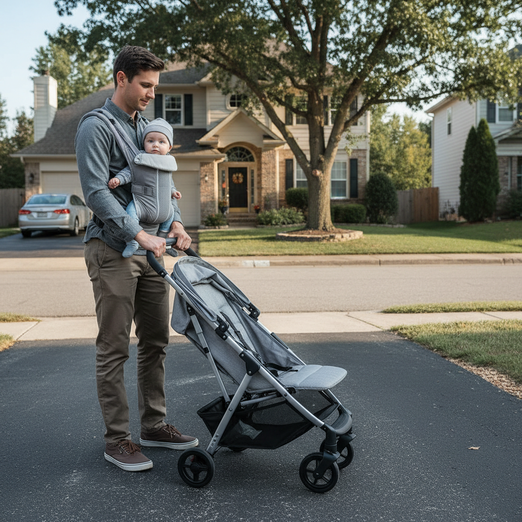 Parent unfolding a stroller on a driveway before a walk
