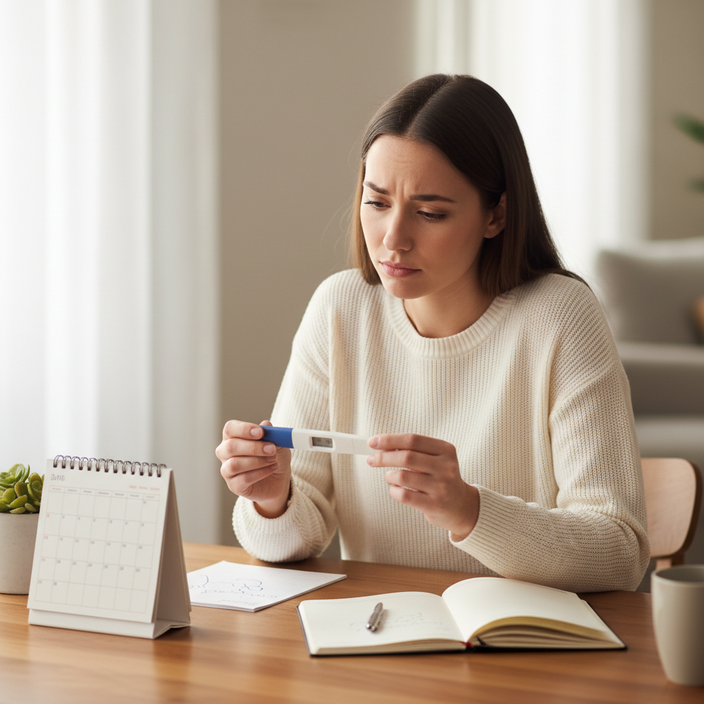Woman reviewing a negative pregnancy test while tracking symptoms on a calendar