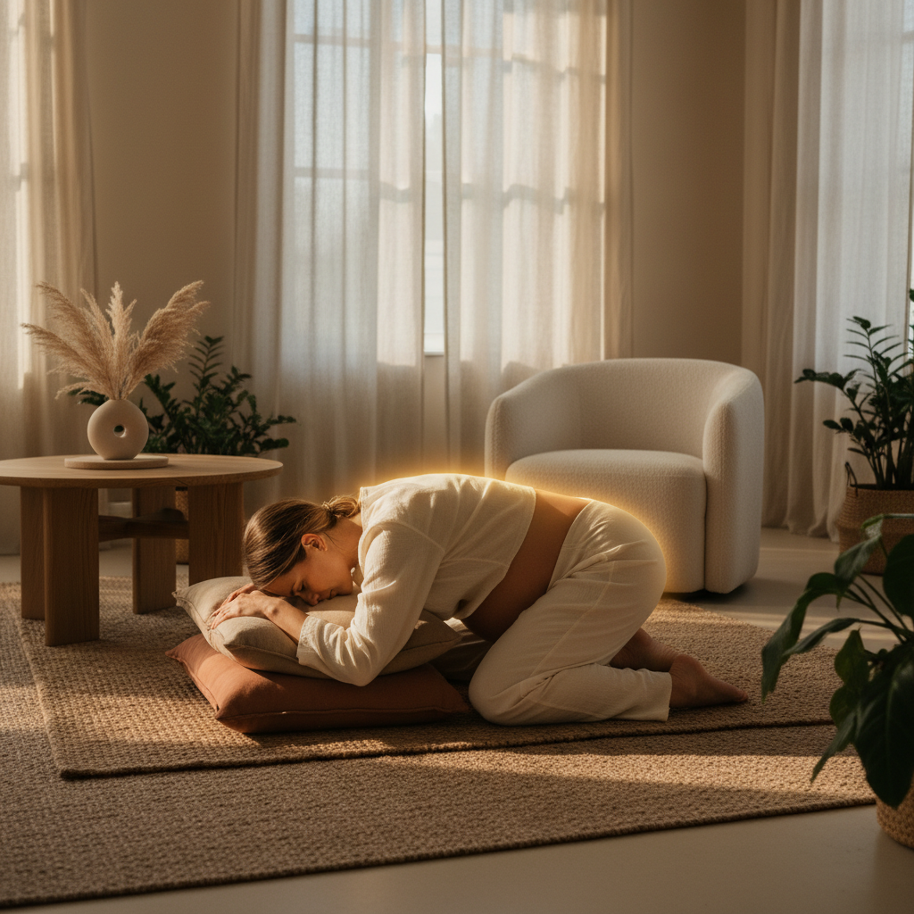Pregnant woman practicing supported prenatal yoga pose in a warm, naturally lit living room