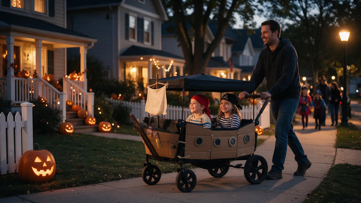 Two kids in pirate costumes riding in a stroller wagon decorated as a pirate ship on a neighborhood sidewalk at dusk on Halloween
