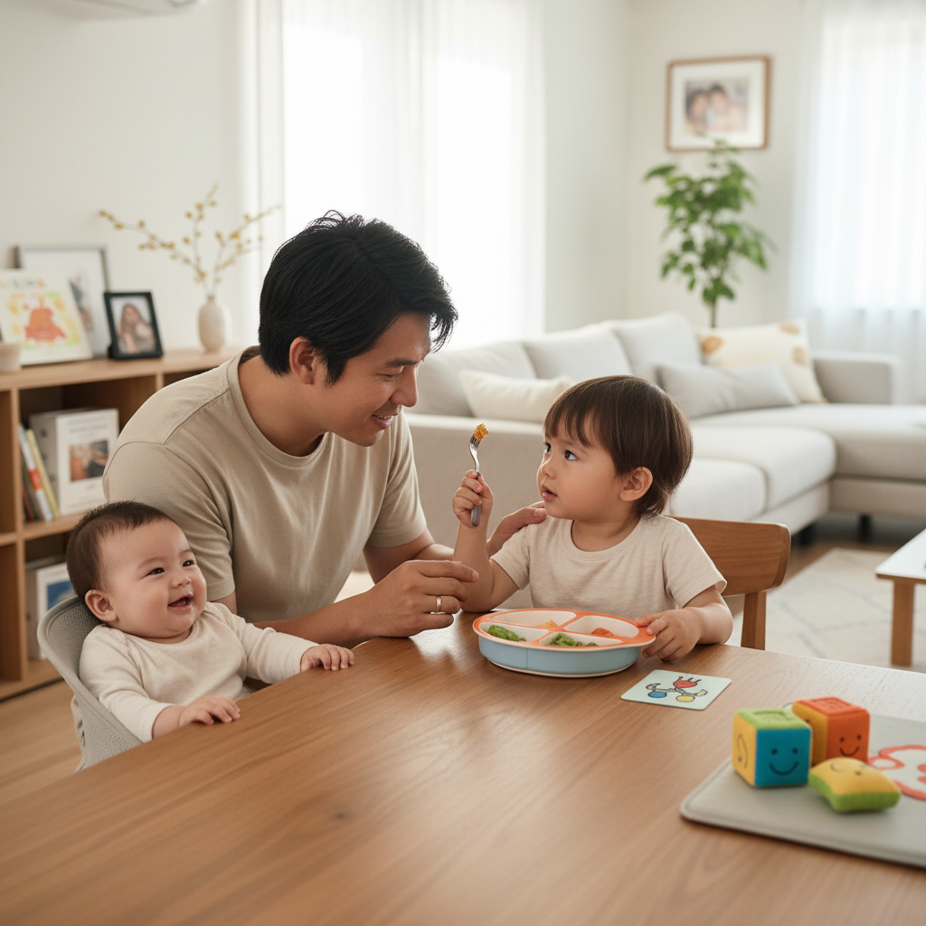 Parent teaching a child age-appropriate manners at the family table