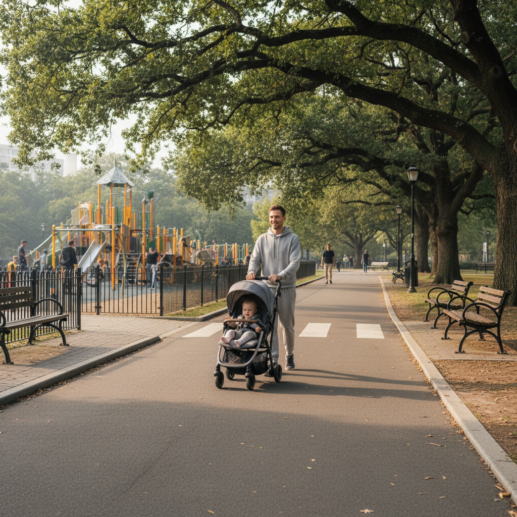 Parent pushing a compact stroller on a paved park path with shade and easy access