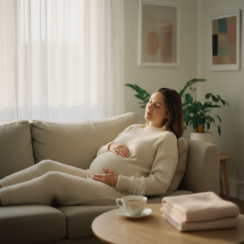 Pregnant woman resting on a sofa to cope with pregnancy fatigue