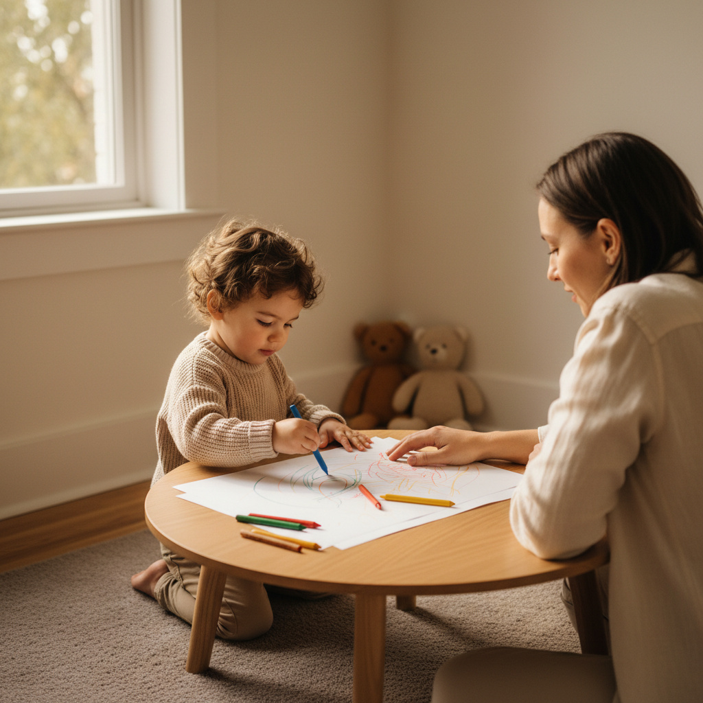 Parent observing toddler drawing to notice emerging hand preference and hand dominance signs