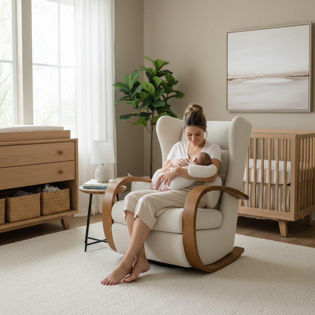 Mother feeding her baby in a supportive nursing chair inside a calm modern nursery