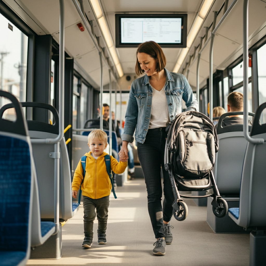 Parent boarding a city bus with a compact foldable stroller and child