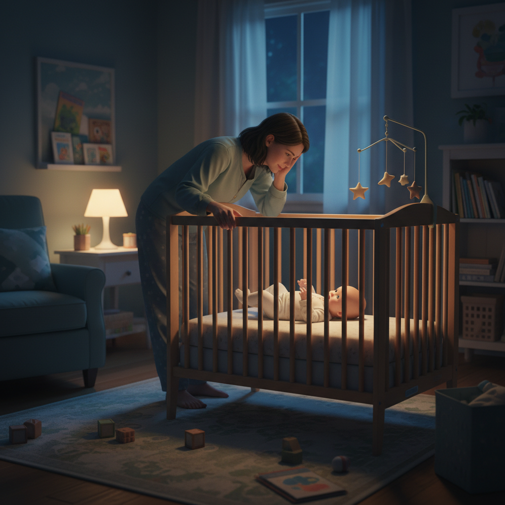 Parent checking on a baby awake in the crib during a nighttime sleep regression stage