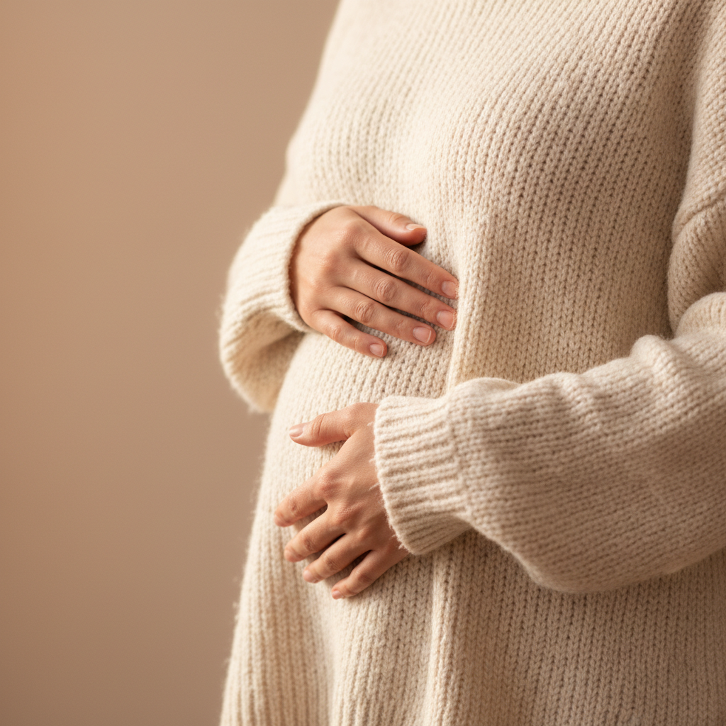 Woman cradling her lower abdomen in a cozy sweater, symbolizing early pregnancy at 3 weeks