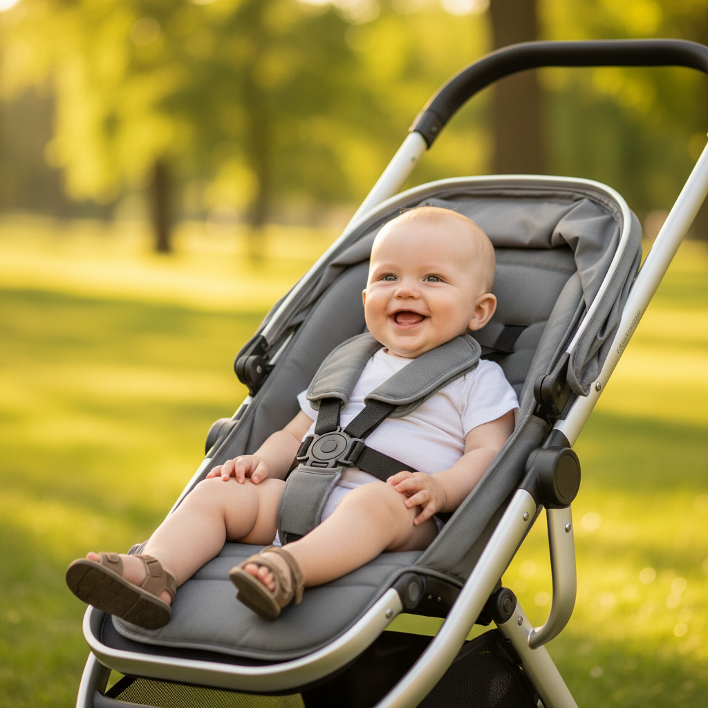 Baby sitting upright with good posture in a supportive stroller during a park walk