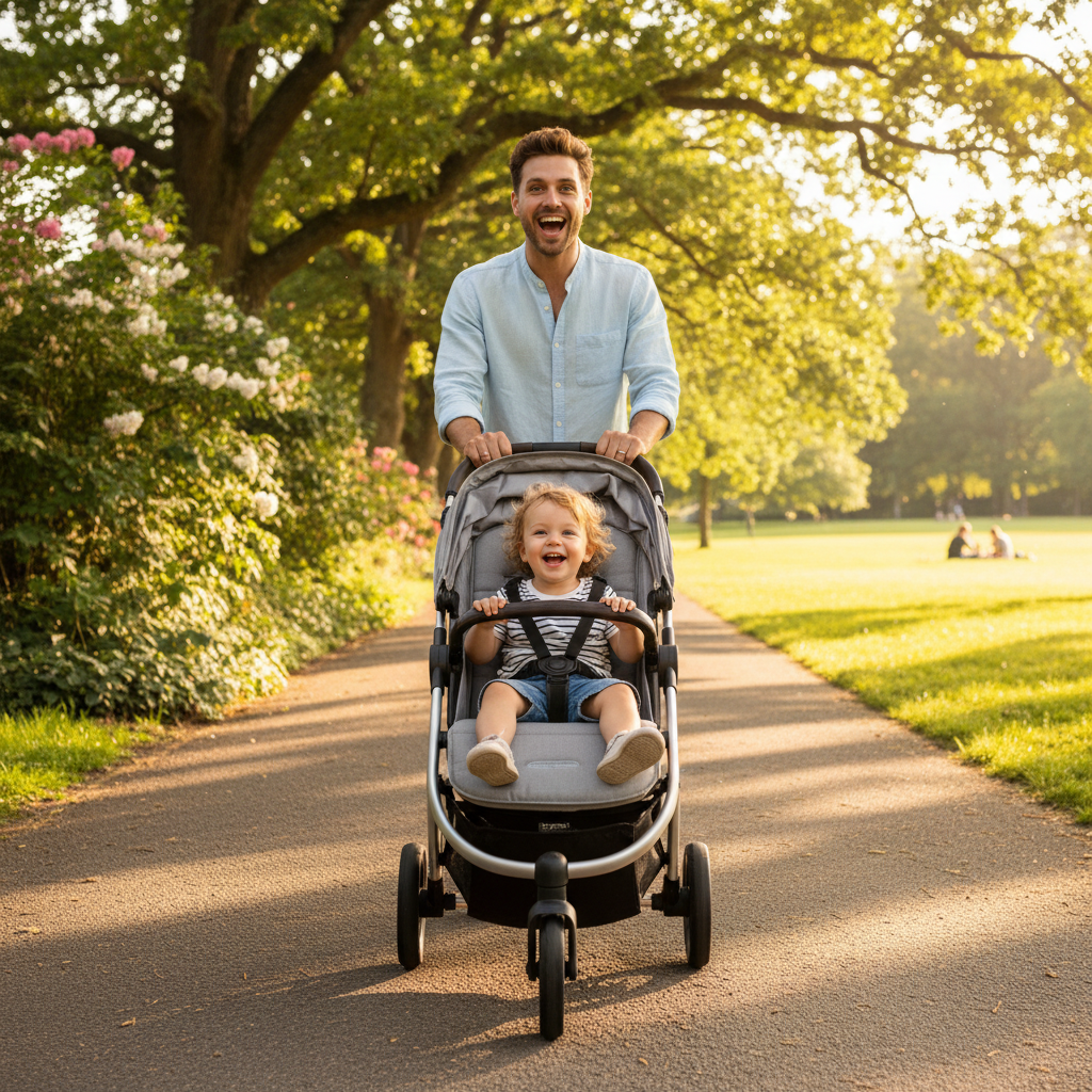 Parent and toddler enjoying a walk in the park with a stroller