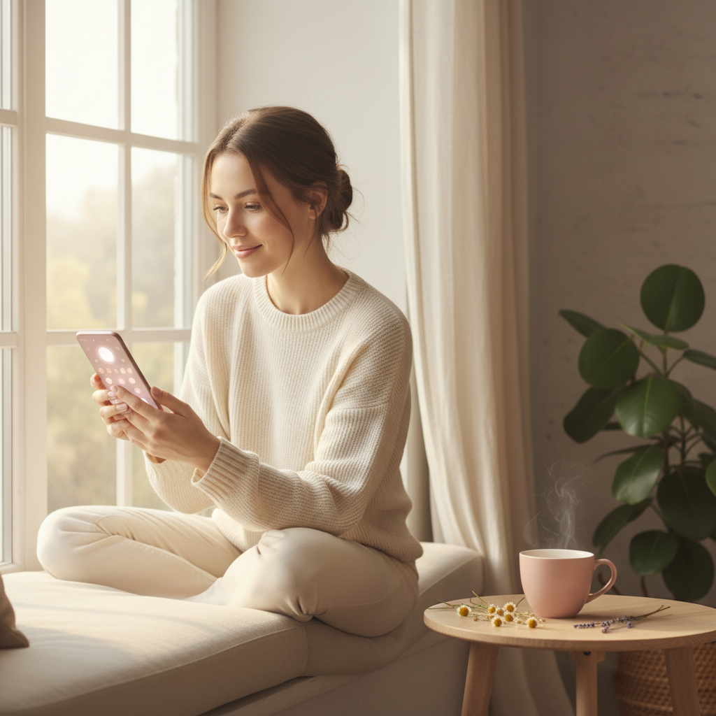 Woman tracking ovulation at 2 weeks pregnant, holding phone with fertility app by a sunny window