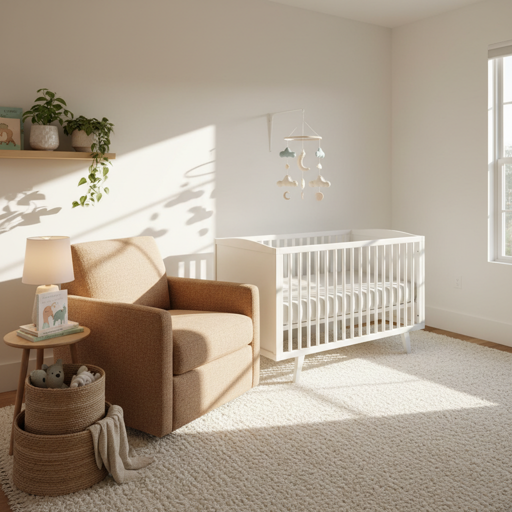 Well-planned nursery with crib, chair, storage, and soft neutral decor