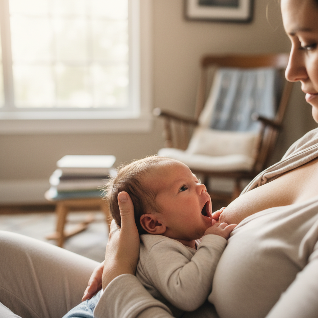 Newborn showing baby rooting cues while turning toward a parent's chest