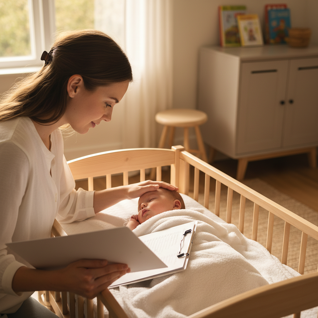 Parent checking baby's forehead while using a soft spot observation checklist